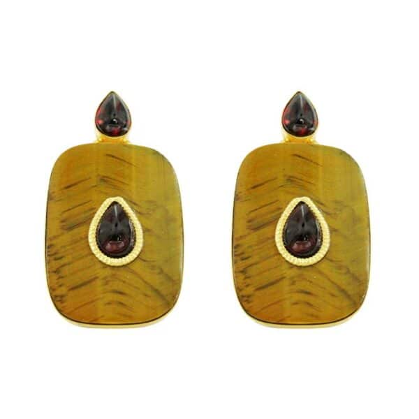 boucles d'oreilles minimalistes en oeil de tigre et grenat de la créatrice de bijoux parisienne Diaperis chez Dolita