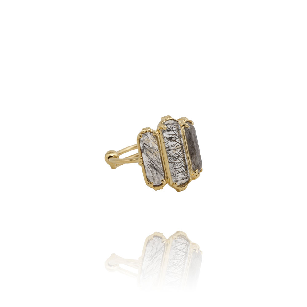 bague large femme dorée en laiton et en pierre naturelle quartz rutile de la créatrice française Au fil de Lo chez Dolita-bijoux
