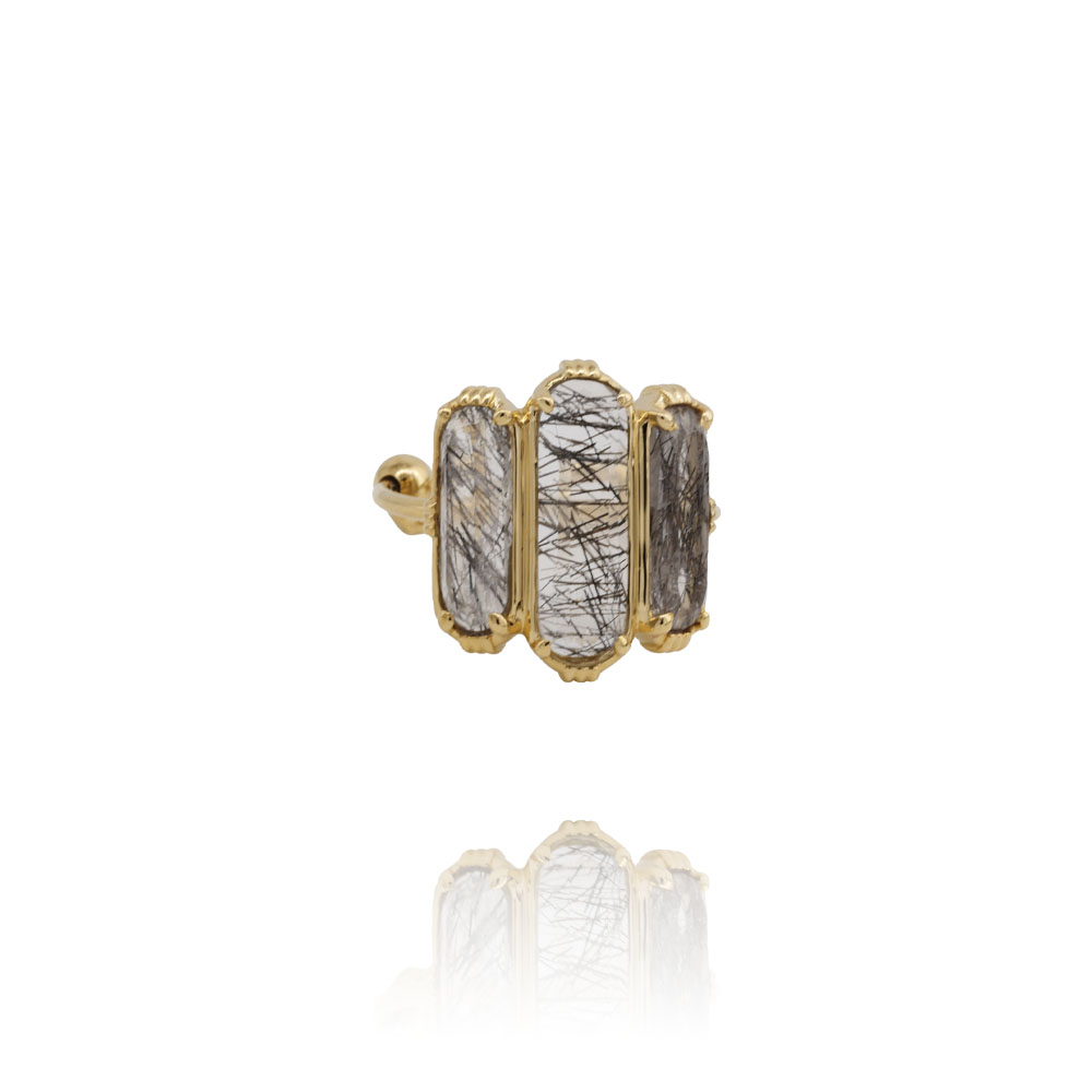 bague large femme dorée en laiton et en pierre naturelle quartz rutile de la créatrice française Au fil de Lo chez Dolita-bijoux