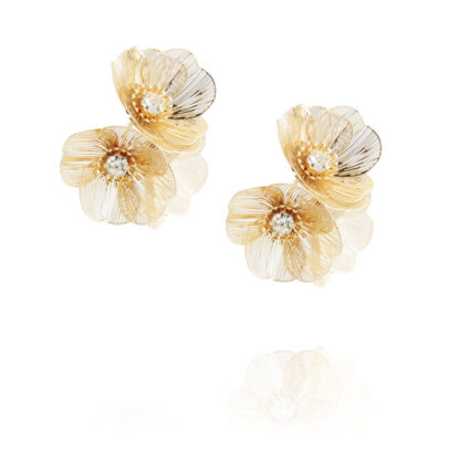 boucles d'oreilles 3 fleurs en laiton doré à l'or fin et cristal par jorgina chez Dolita-bijoux
