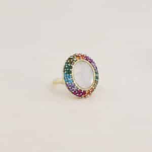 Bague Mirage By Be Maad en laiton doré à l'or fin 18K avec zircons colorés et pierre naturelle