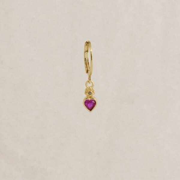 Boucle d'oreille Mini Coeur Rose à l'unité de Virginie Berman en plaqué or 18K, sertie d'un zirconium en forme de coeur rose