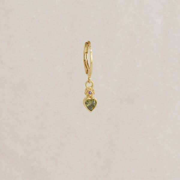 Boucle d'oreille Mini Coeur vert à l'unité de Virginie Berman en plaqué or 18K, sertie d'un zirconium en forme de coeur vert