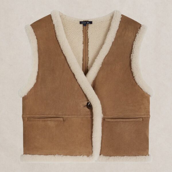 Gilet sans manche pyrénéen en agneau de la marque Soeur, coupe asymétrique cache-cœur avec poches cachées, fabriqué en Turquie. chez Dollitabis Nantes