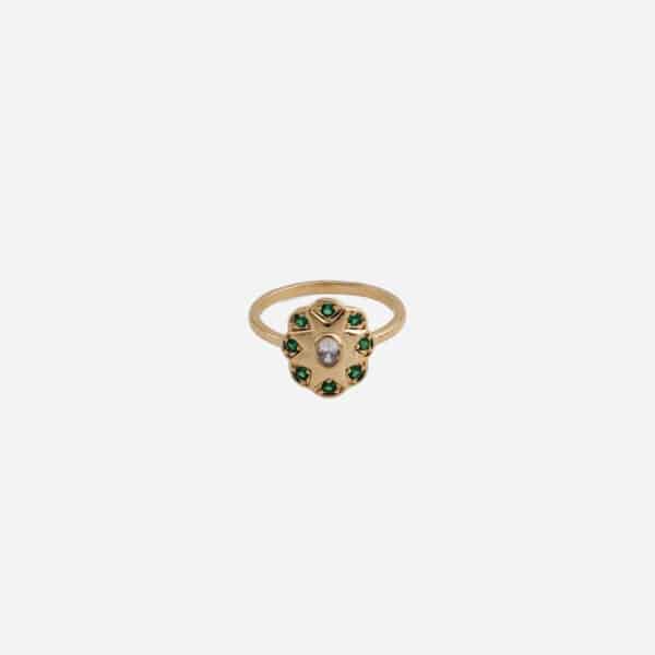 Bague Mina fleur émeraude plaqué or 18k – bague femme pierre verte centrale et pétales sertis