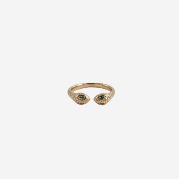 Bague Dolorès serpent plaqué or 18k – bague ouverte tête de serpent aux yeux verts – Dolita