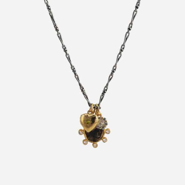 Collier porte-bonheur Asha de Delphes en laiton plaqué argent et or avec cœur et fleur sertie