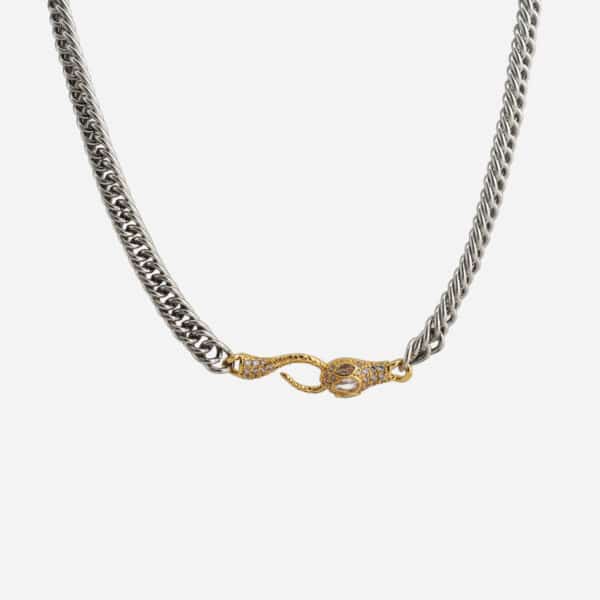 Collier serpent Severne de Delphes en laiton plaqué argent et or serti d’oxydes de zirconium