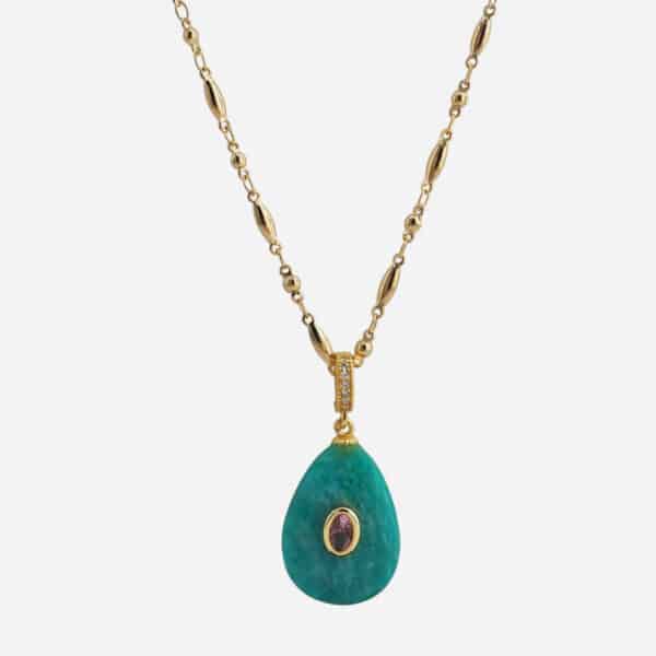 Collier Yuli de Virginie Berman avec pendentif goutte en amazonite et chaîne dorée