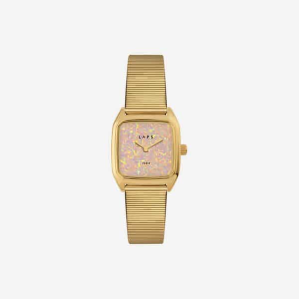 Montre Prima Opali 01 de Laps avec cadran Bello Opal® aux reflets rosés et bracelet doré