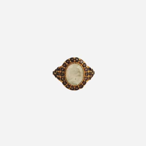 Bague Iva préhnite et quartz fumé dorée à l'or fin Au Fil de Lo vue de face