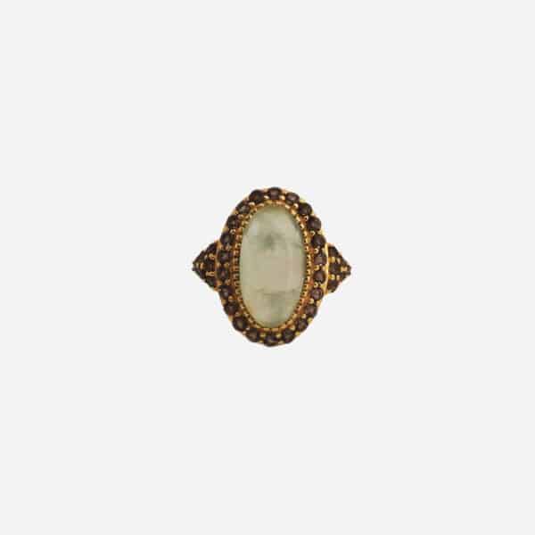Bague Ova préhnite et quartz fumé dorée à l'or fin Au Fil de Lo vue de face