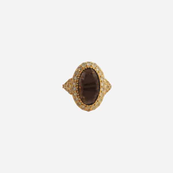 Bague Ova quartz fumé et pierre de lune dorée à l'or fin Au Fil de Lo vue de face