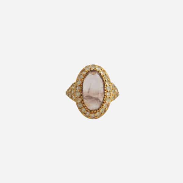 Bague Ova quartz rose et pierre de lune dorée à l'or fin Au Fil de Lo vue de face