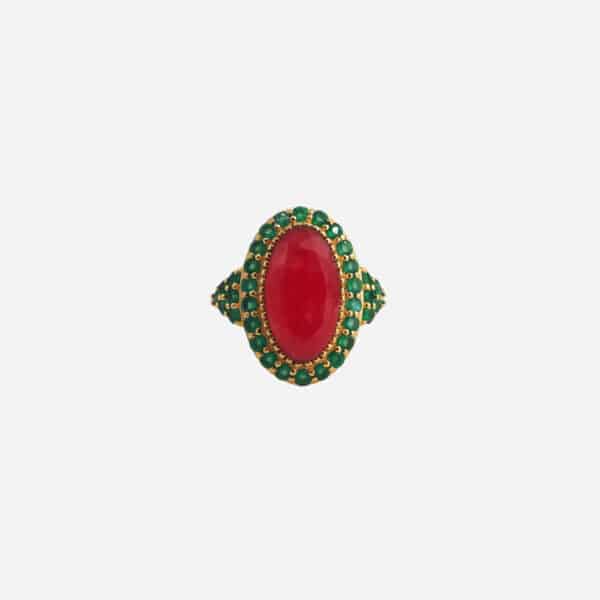 Bague Ova sillimanite rouge et onyx vert dorée à l'or fin Au Fil de Lo vue de face